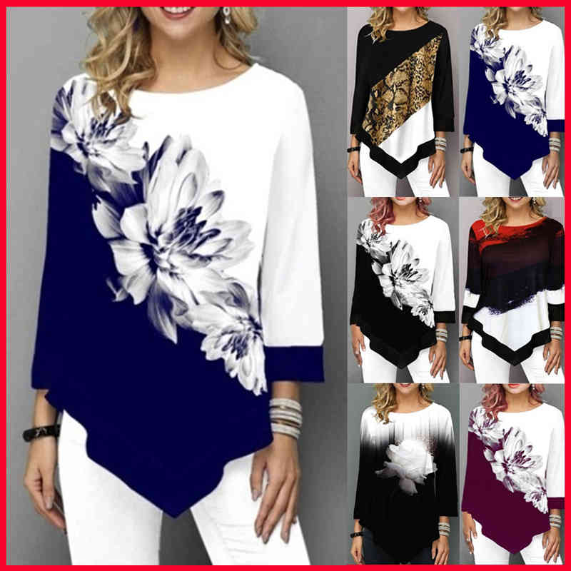 Spring Summer 3/4 Sleeve Print T-Shirts Irregular Women Clothing Fashion Casual Plus Size Loose Pullovers Tee Shirt Femme 210406