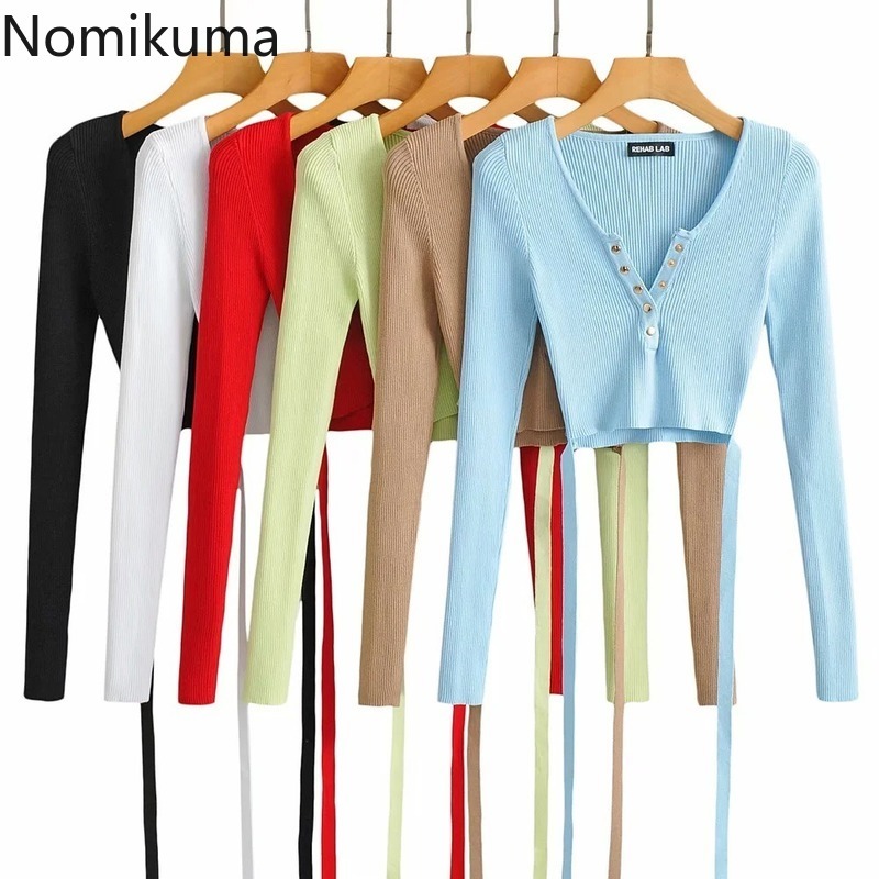 Nomikuma Sexy Bandage Slim Waist Short Knitwear Spring Long Sleeve Buttons V-neck Jumpers Korean Solid Knitted Tops 6E711 210427