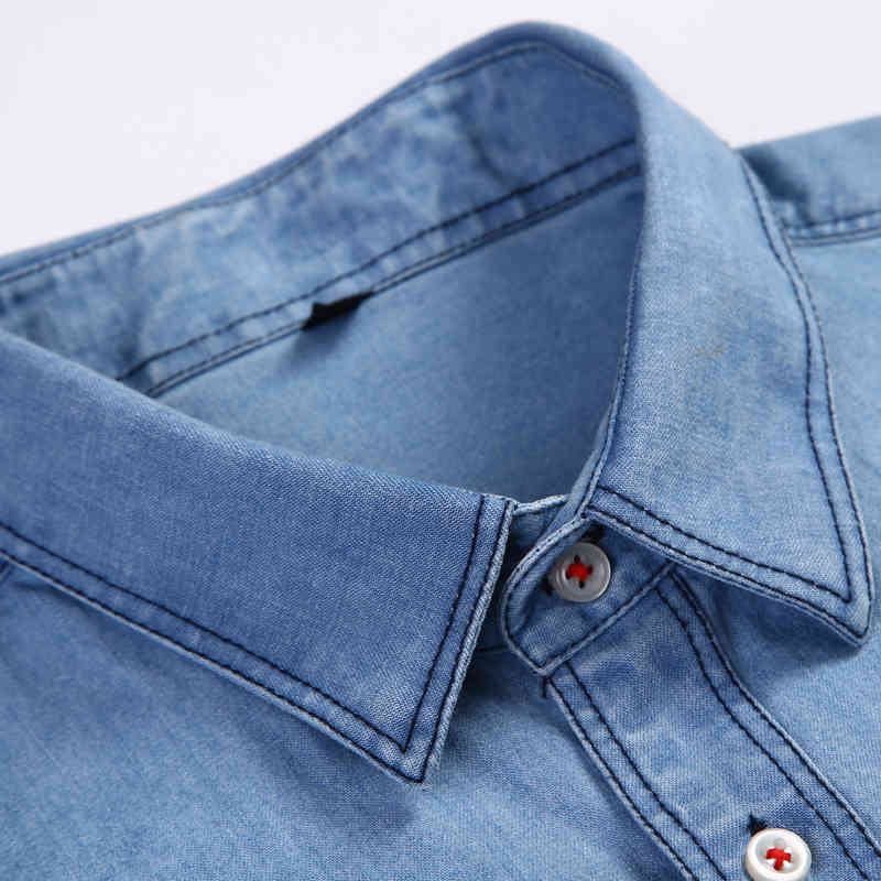 Mens Regular-fit Long-Sleeve Denim Work Shirt Two Button Front Chest Pockets & Pencil Slot Rugged Wear Thin Casual Cotton Shirts 210410