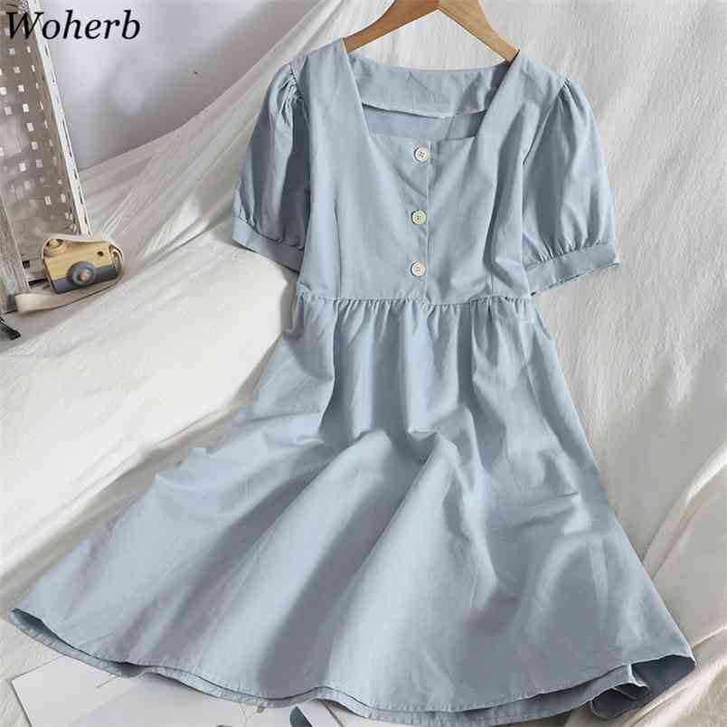 Vintage Solid Dress Women Summer Casual Temperament Square Collar A Line Vestidos Korean Breasted Puff Sleeve Dresses 210519, Blue
Vintage Solid Dress Women Summer Casual Temperament Square Collar A Line Vestidos Korean Breasted Puff Sleeve Dresses 210519, Blue