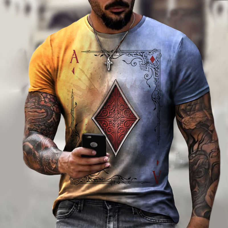 Playing Cards Diamond Square Print T-shirt Men's Summer Casual Short Sleeve Pullover Loose Tops 210629