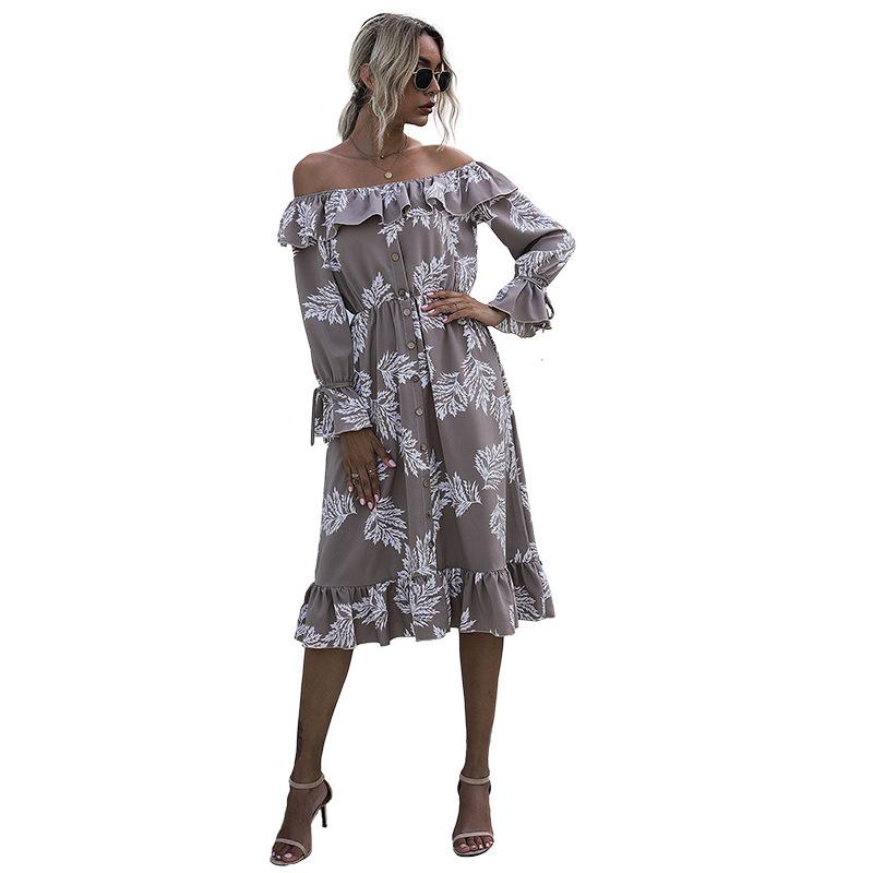 Sexy Women's Party Dress 2021 Ruffle Printed Buttons Elegant Long Sleeve For Prom Night Dresses Ladies Clothes Casual