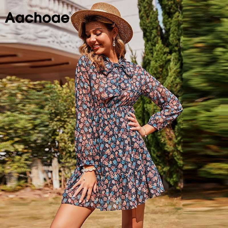 Aachoae Women's Floral Dress Bow Tie Neck Vintage Pleated See Through Sleeve Print Mini Casual Sundress Vestidos 210623