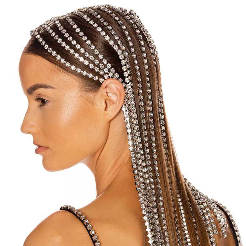 Fashion selling Bridal Headband long tassel hair chain accessories suitable for women's crystal multi strand 210707