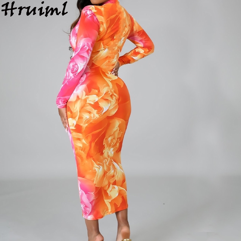 Woman Dress Long Sleeve O-neck Floral Print Elegant Midi Bodycon High Waist Night Party Club Holiday Summer 210513