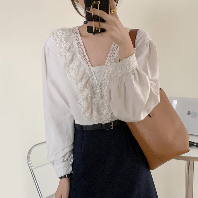 Nomikuma Korean Chic Lace Ruffle Patchwork Blouse Tops Causal Puff Long Sleeve V-neck Women Shirt Autumn Sweet Blusas 6D006 210427