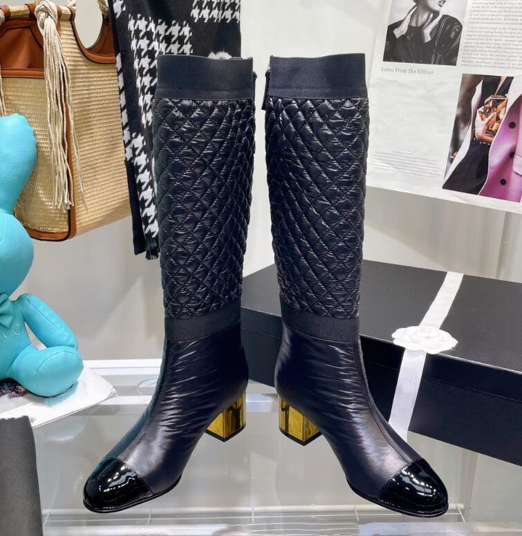 Fashion trendsetter big-brand boots are straight but knee-length zipper gold thick heel leather round bullet mouth white black beige