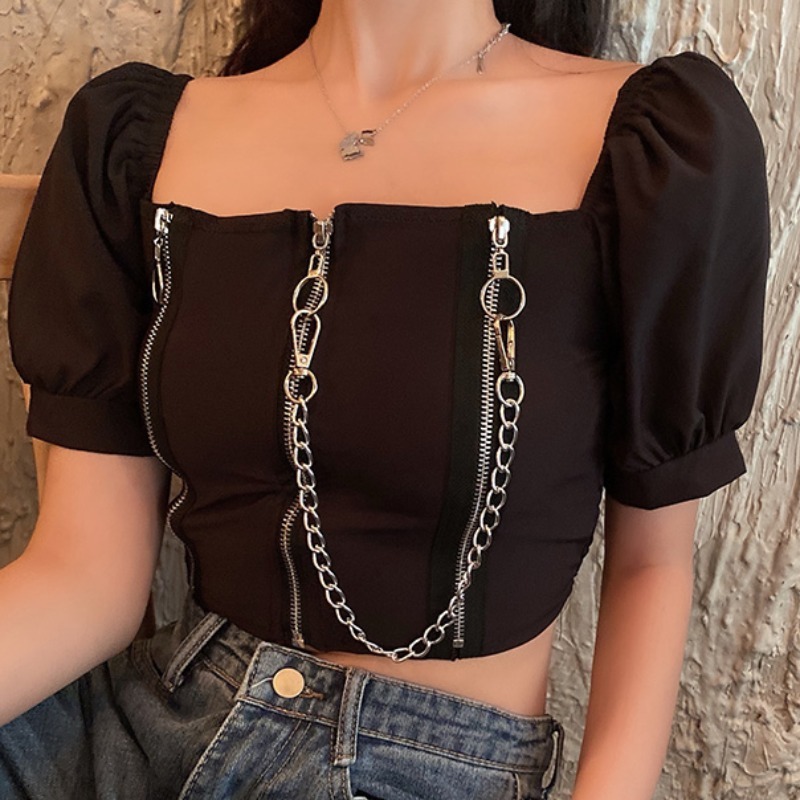 summer streetwear t shirt women zipper chains fashion short sexy ropa mujer puff sleeve t-shirt retro tops 17334 210415