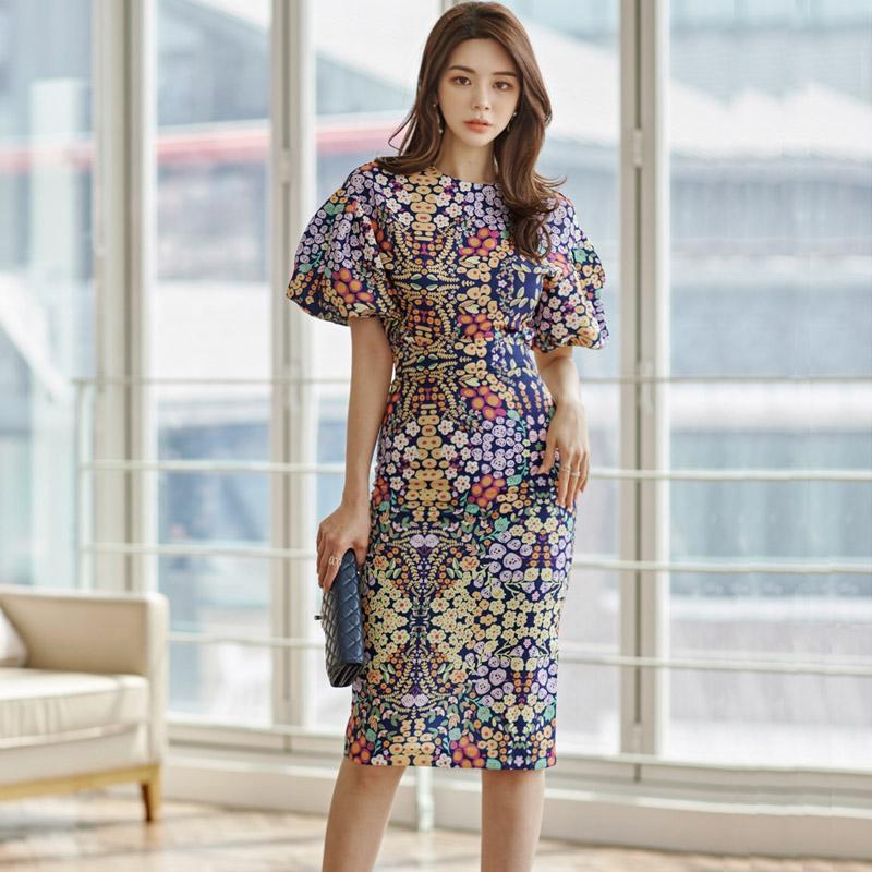 Summer Women Skirt Set 2021 Fashion Print Lantern Sleeve Shirt Tops + High Waist Pencil Skirts Suit Two Piece Dress