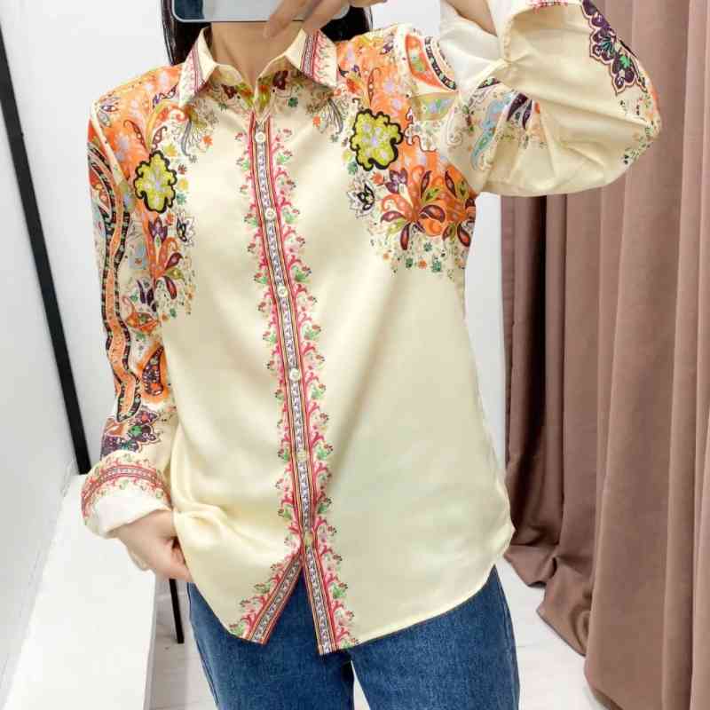 Vintage Women Placement Print Turndown Collar Blouse Female Long Sleeve Shirt Casual Lady Loose Tops Blusas S8877 210430