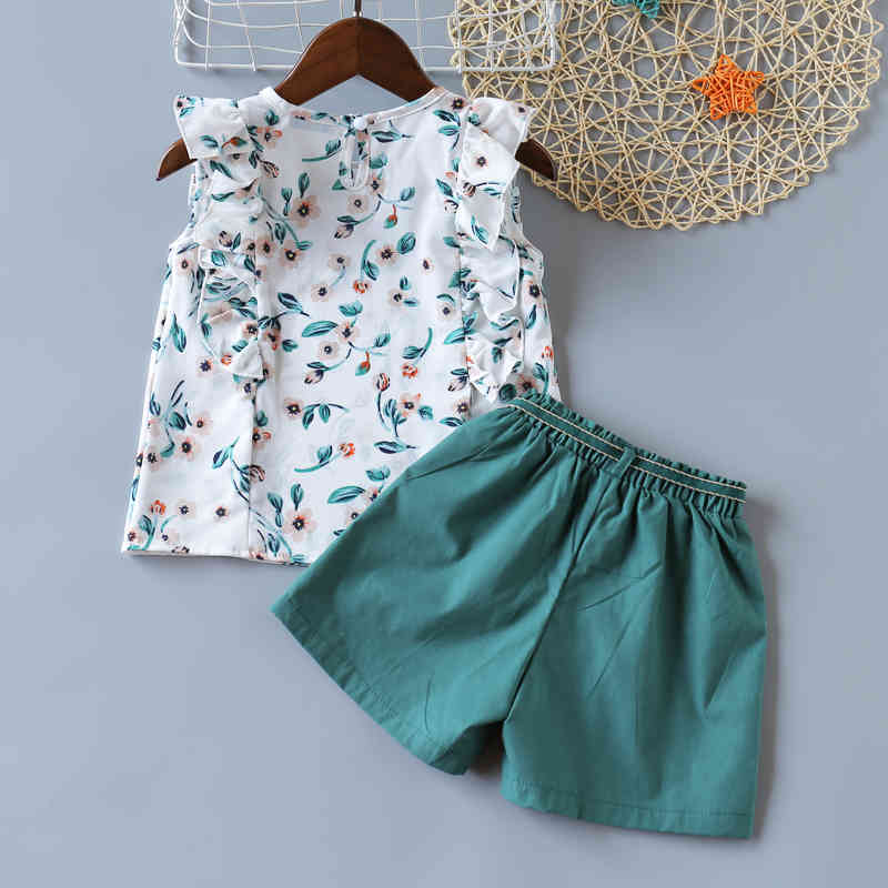Fashion Flowers Flying Sleeves T-shirt + Solid Color Shorts Children's Clothes Summer Girls Clothing Set 210515