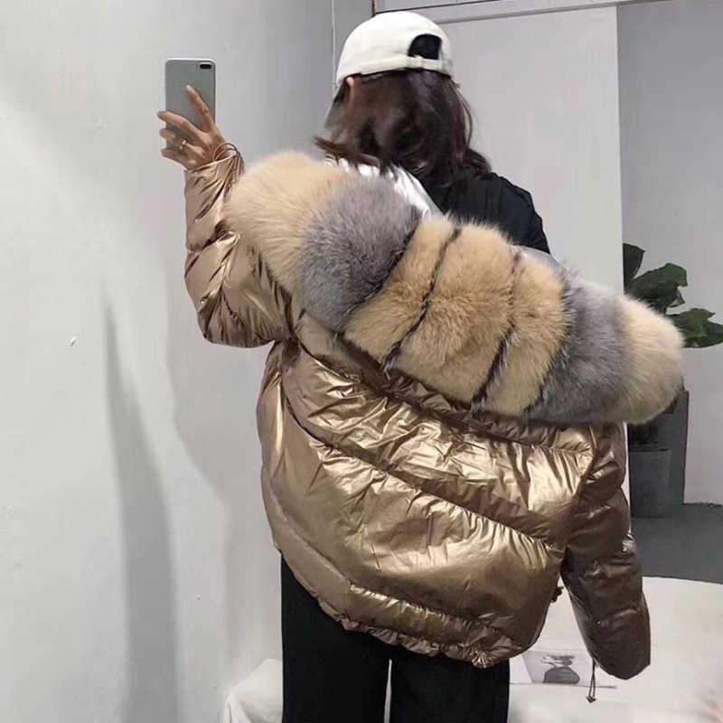 FTLZZ Women Double Sided Silver Golden Duck Down Coat Winter Large Fur Collar Waterproof Jacket Hooded Snow Outerwear 211018