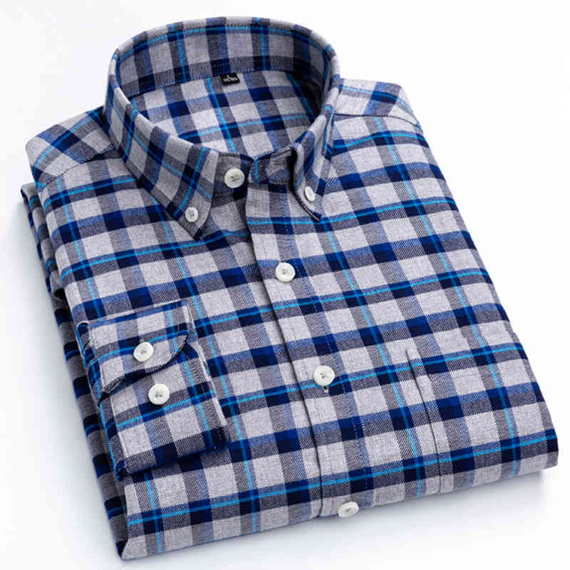 Men's 100% Cotton Brushed Flannel Plaid Checkered Shirt Long Sleeve Standard-fit Comfortable Warm Casual Button-collar Shirts 210410