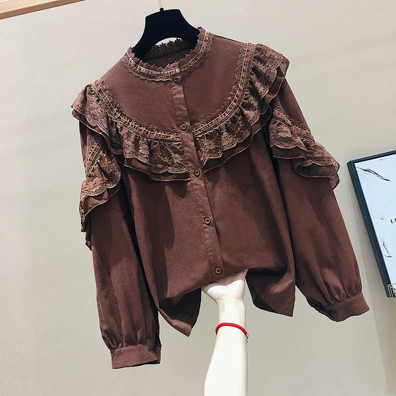 Solid Lace Ruffles Patchwork Stand Flare Sleeve Shirt Top Spring Blouse Women 210615