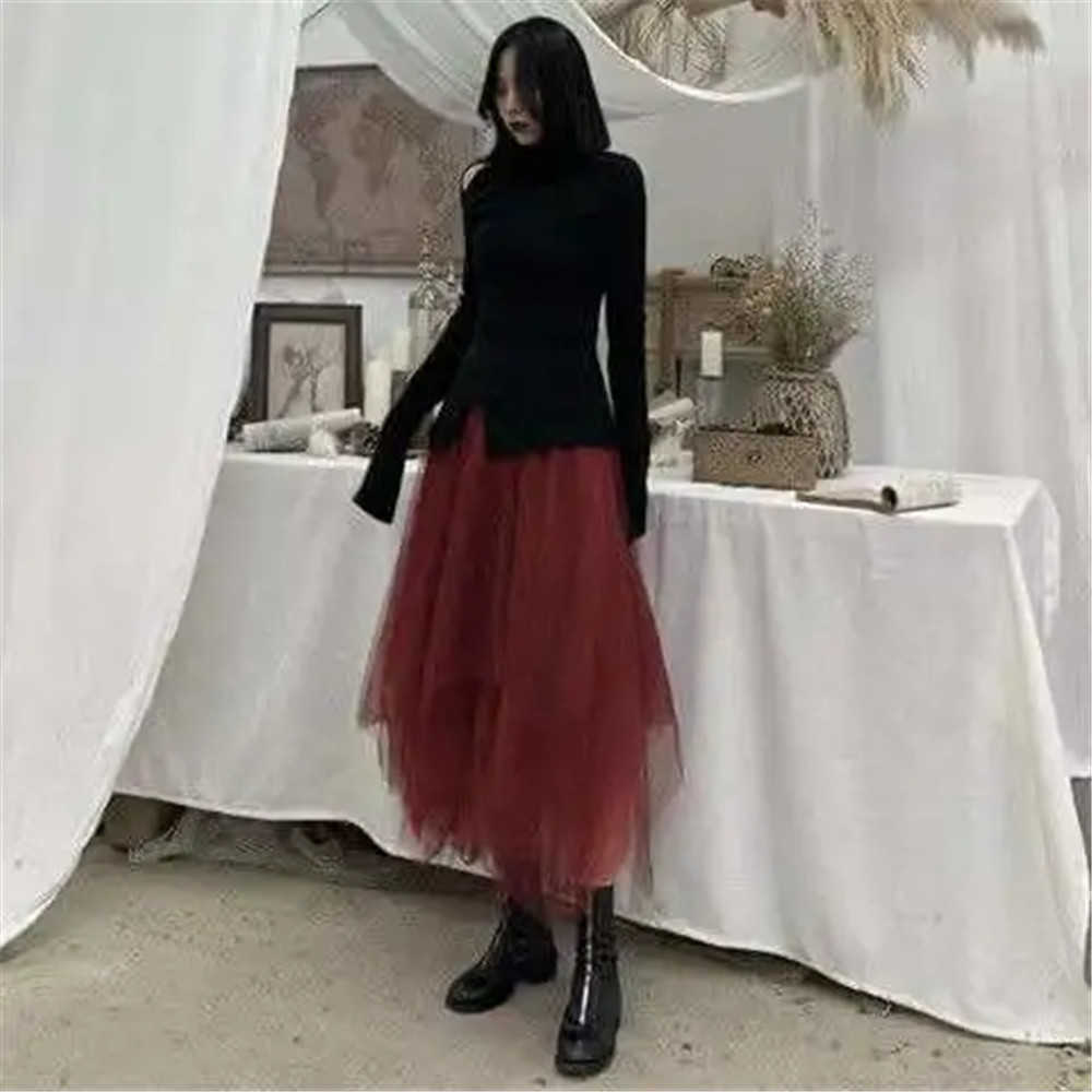 Gothic Gray Tulle Long Irregular Pleated Skirts Elastic High Waist A-Line Mesh Midi Skirts Vintage Punk Streetwear 210619wtt