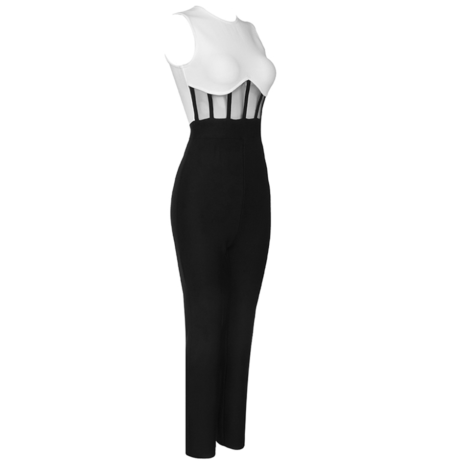 Free Women's Black Sexy Sleeveless Hollow O-neck Waist Mesh Patchwork Celebrity Party Bandage Jumpsuit 210525