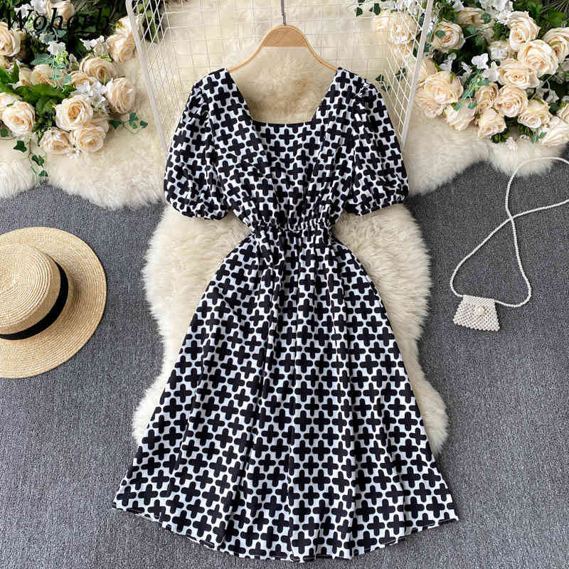 Vestido De Mujer Summer Backless Hollow Bow Slim Sweet Dress Women Sexy Puff Sleeve Fashion Print Bandage Party Dresses 210519