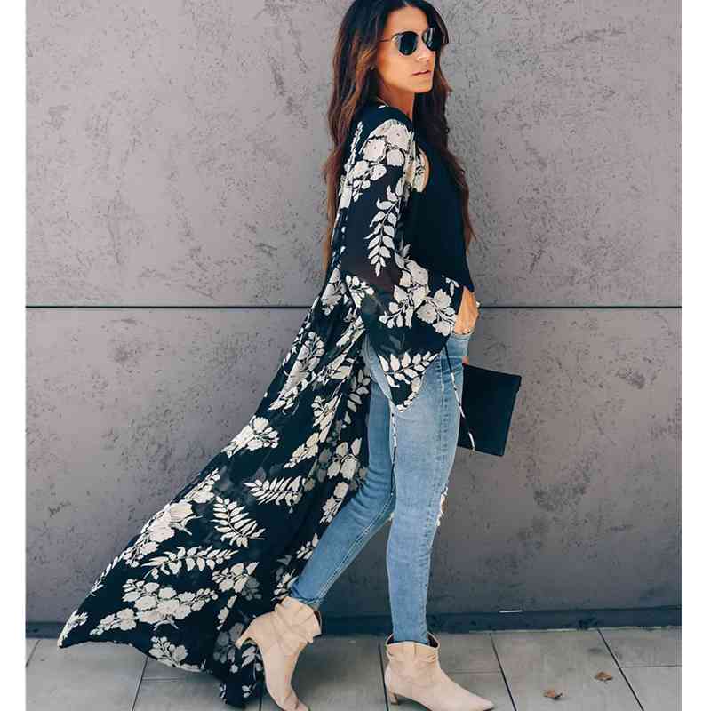 Bikini Cover-ups Boho Printed Long Kimono Cardigan Plus Size White Black Chiffon Tunic Women Beach Wear Swim Suit Cover Up A225 210420