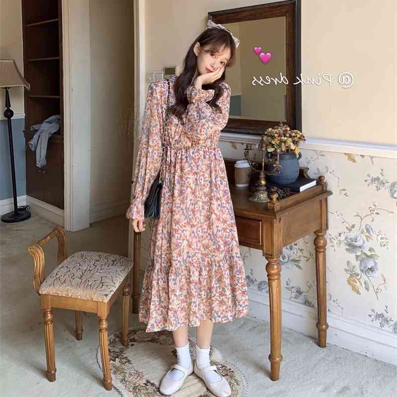 Spring French Floral Print V-Neck Ruffles Mid Calf Chiffon Dress for Women 210615Z