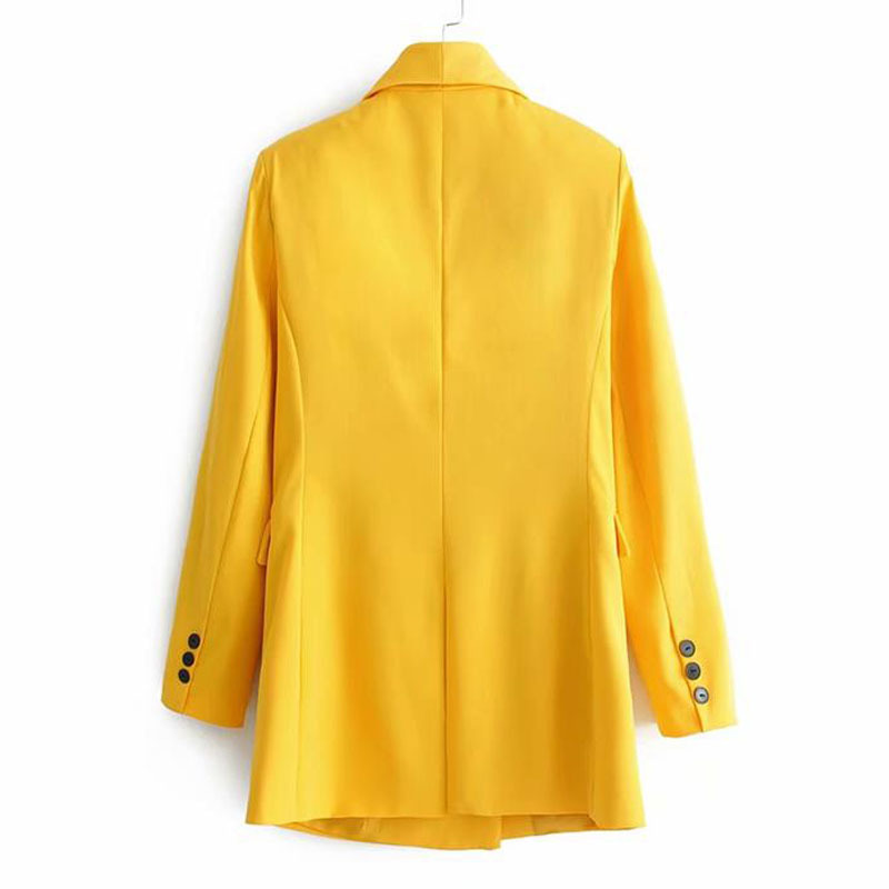 women chic yellow blazer pockets double breasted long sleeve office wear coat solid female casual outerwear tops Candy color 210507