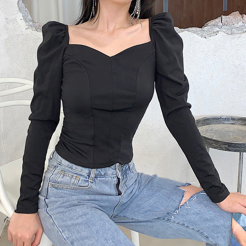 Nomikuma Vintage Square Collar Women Blouse Puff Long Sleeve Slim Short Blusas Top Autumn New Sexy Korean Shirts 6C328 210427