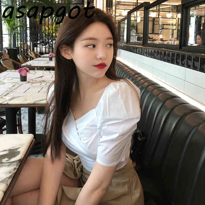 Summer V Neck Puff Short Sleeve White Blouse Tops Shirts High Waist Khaki Irregular Skirt s Streetwear Retro Casual 210429