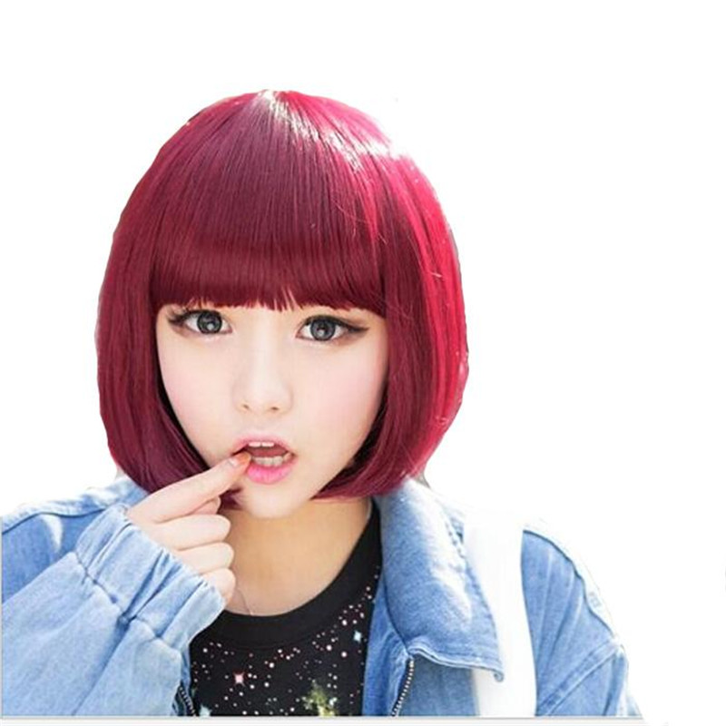 short straight wig women bob burgundy heat resistant fiber hair natural synthetic wigs with bangs cosplay