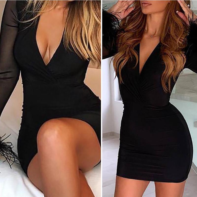 Est Women Sexy Deep V Neck Lace Long Sleeve Feather Bodycon Dress Ladies Evening Party Clubwear Size 10-16 Casual Dresses