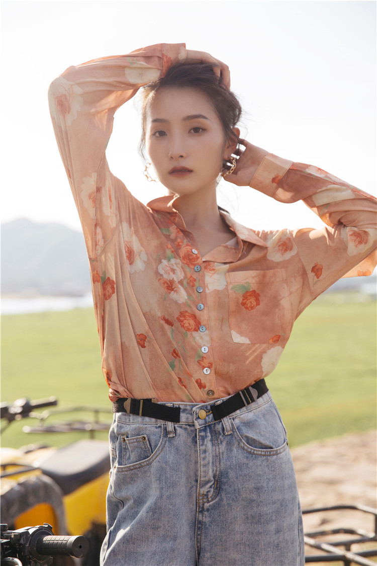 Tie Dye Floral Long Sleeve Top And Blouse Rose Print Orange Button Up Shirt Korean Fashion Fall Women Clothing 210427