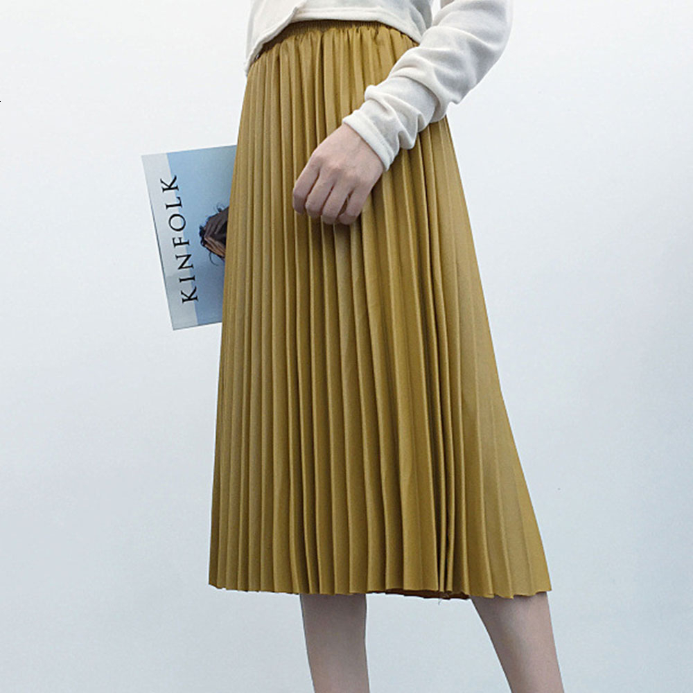 Women Autumn PU Leather Pleated Skirt Elastic High Waist All-match Female Skirts Streetwear Chic Womens Bottoms 210428