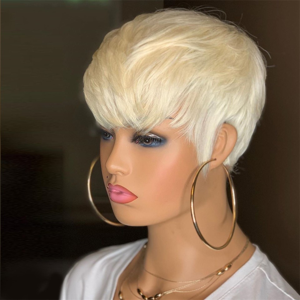 Honey Blonde Color Wavy Short Bob Wig With Bangs Pixie Cut No Lace Front Indian Human Hair Wigs For Women