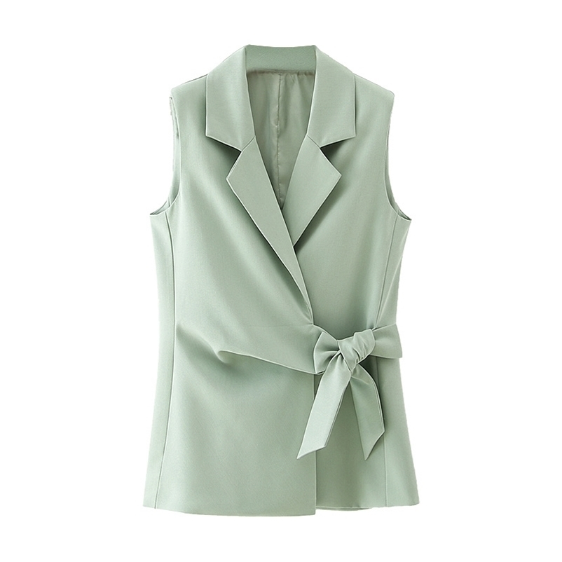 fashion women green vest elegant lady v-neck bow outerwear causal female polyester and cotton girls chic sets 210527