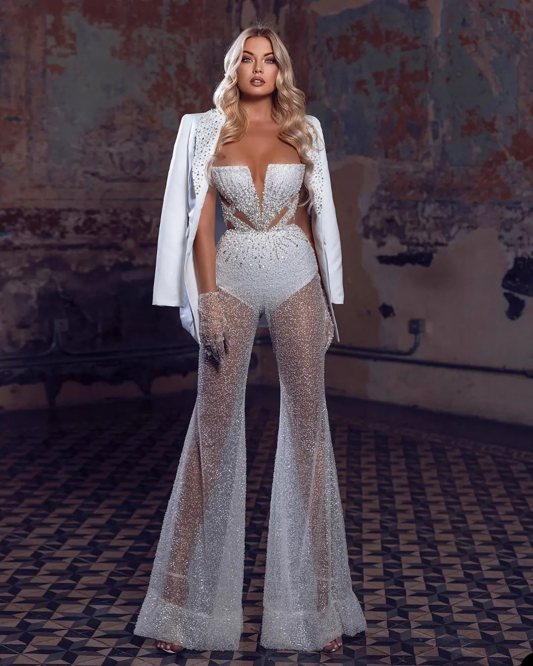 2 Pcs Glamorous Prom Dresses Blazer Jumpsuit Evening Dress Custom Made Sequins Beaded Off Shoulder Floor Length Celebrity Party Gown