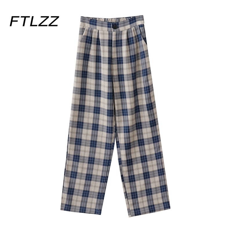 

Women Korean Plaid Trousers Woman High Waisted Loose Wide Leg Pants Summer Street Bottoms 210602, Blue grid