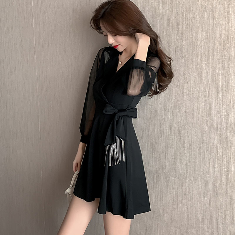 Korean Solid Empire Mini Sexy Dress Women Tassel Bow Party Winter A-Line Long Sleeve Office Ladies es Vestidos 12558 210427