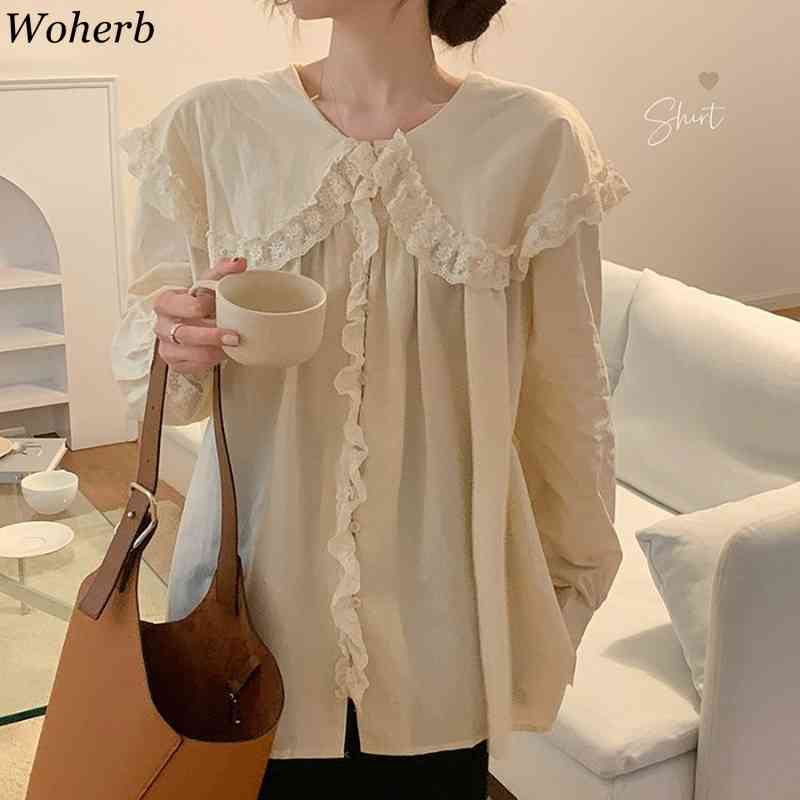 Ruffles Korean Blusas Solid Peter Pan Collar Elegant Vintage Lantern Sleeve Ropa Mujer Fashion Blouses Women Top 210519