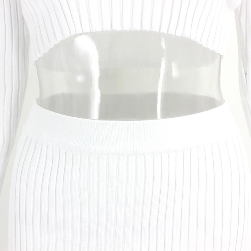 Fuedage White 2 Piece Set Women Knitted Suit Crop Top Mini Dress Long Sleeve Two V Neck Female Matching Outfits
