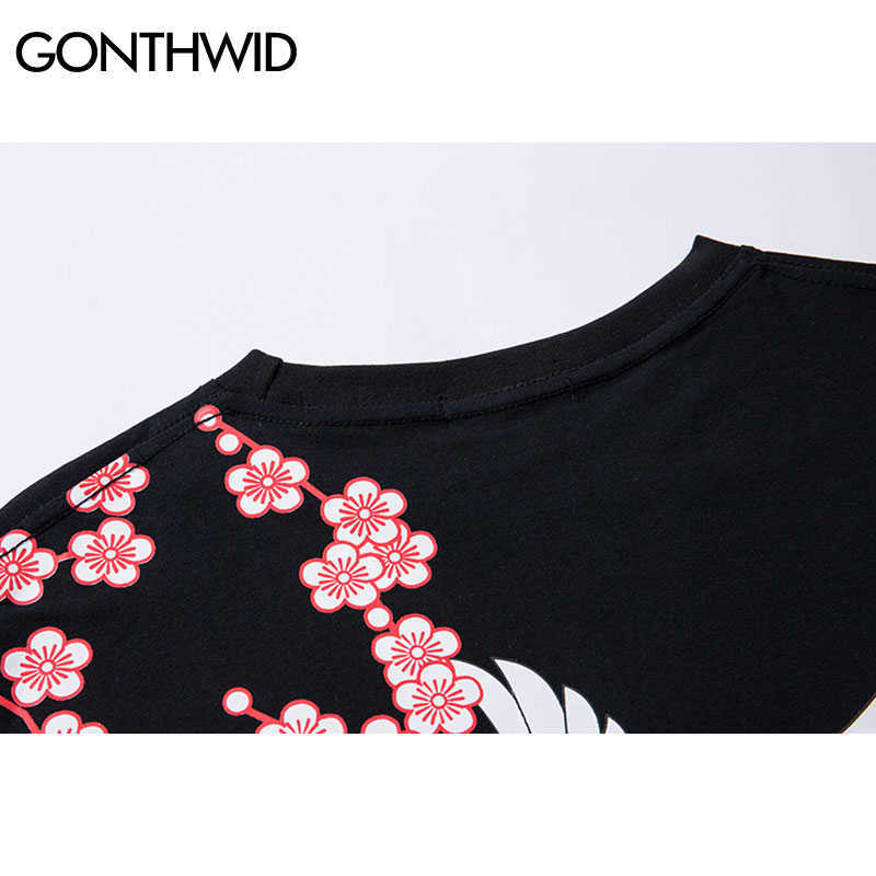 GONTHWID Chinese Crane Flowers Print Tshirts Harajuku Hip Hop Casual Streetwear T Shirts Tops Hipster Short Sleeve Tees Male 210629