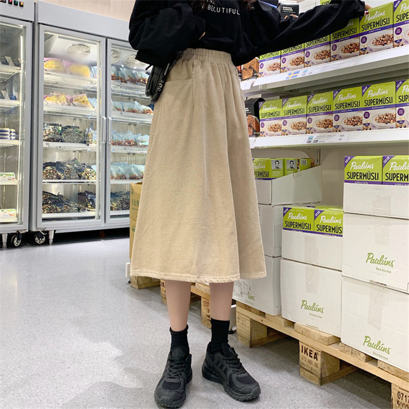 Preppy Style Stylish Corduroy Large Size Winter Women Slender Elastic-Waist Vintage A-Line Casual High Waist Long Skirts 210421