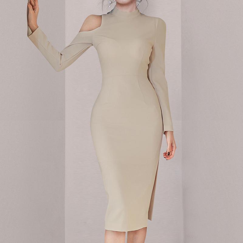 Lucyever Fashion Stand Collar Party Dress Womens Sexy Off Shoulder Slim Dresses Woman 2021 Elegant Slit Apricot Femme Casual