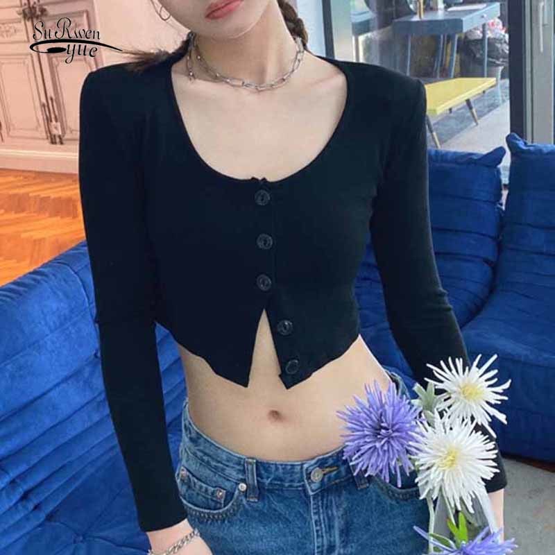 Shoulder Pads Exposed Clavicle O-neck Cardigan Slim Blouses Women Long Sleeve Solid Black Knitted Bottoming Short Tops 11911 210508
