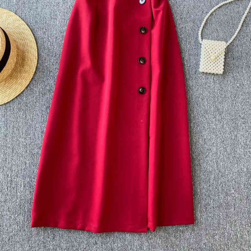 Summer Korean Solid Women Dress Vintage Short Sleeve Mid-Calf Party Dress Single-breasted V-Neck Vestidos Cute Clothing 210521