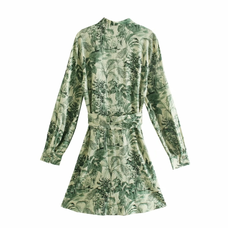 Women Landscape Painting Print Sashes Green Mini Shirt Dress Female Long Sleeve Clothes Casual Lady Loose Vestido D7732 210430