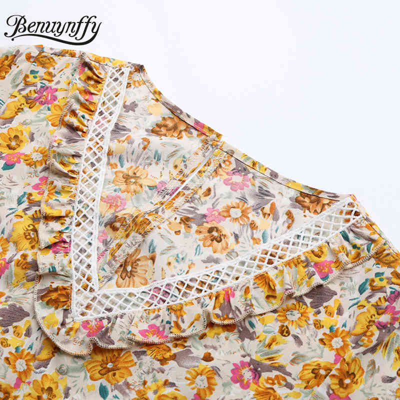 V-neck Ruffle Trim Layered Dresses Summer Women Half Sleeve High Waist Elegant Floral Print Short Dress with Belt 210510