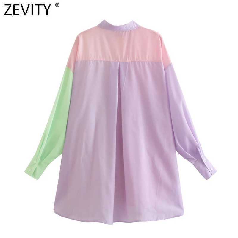 Zevity Women Sweet Candy Color Patchwork Oversize Shirts Female Long Sleeve Single Pocket Blouse Roupas Chic Blusas Tops LS9406 210603