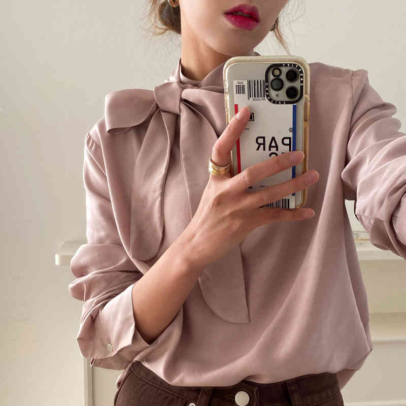 Chic Women Bow Bandage Stand Collar Blouses Solid Casual Retro Sweet Elegant Blouse Korean All Match Tops Shirt 210519