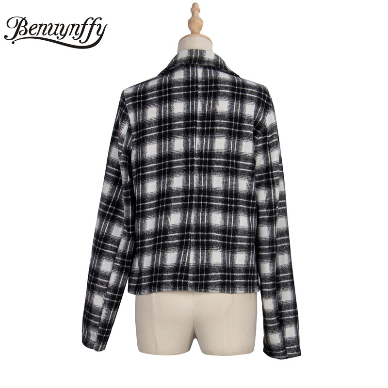 Notched Collar Double Breasted Plaid Blazer Women Autumn Winter High Street Long Sleeve Ladies Outwear Tweed Jacket 210510