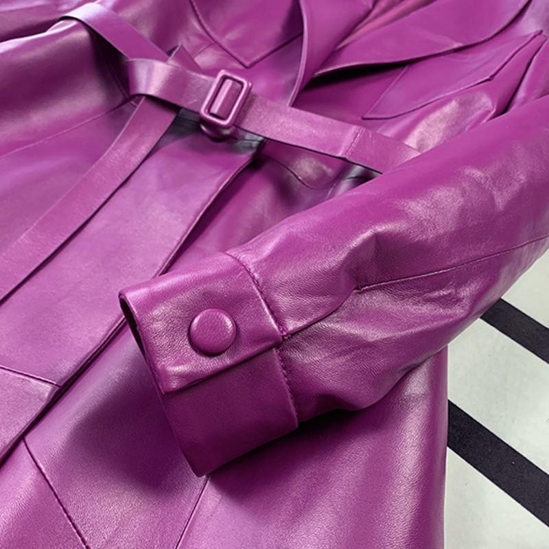 Women 2021 Long Purple Sheepskin Genuine Leather Jacket Belted Slim Fit Office Ladies Party Outwear Windbreaker Trench Coat Women's & Faux