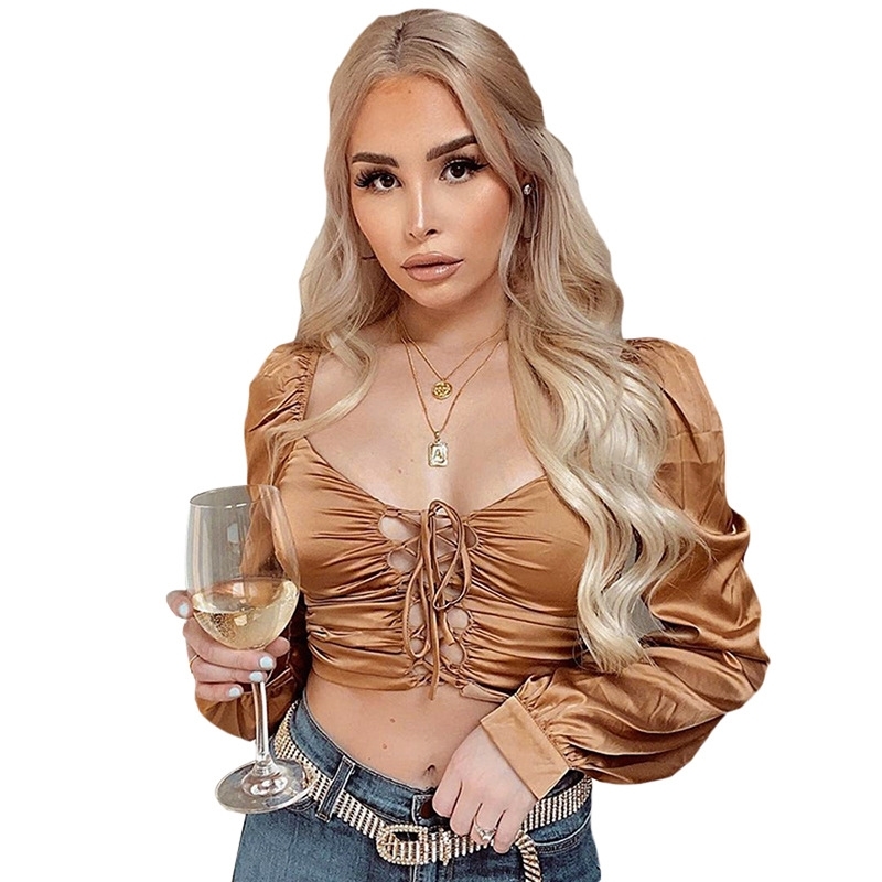 European and American style ins spring women's wear sexy low cut strap hollow out navel slim long sleeve T-shirt 210602