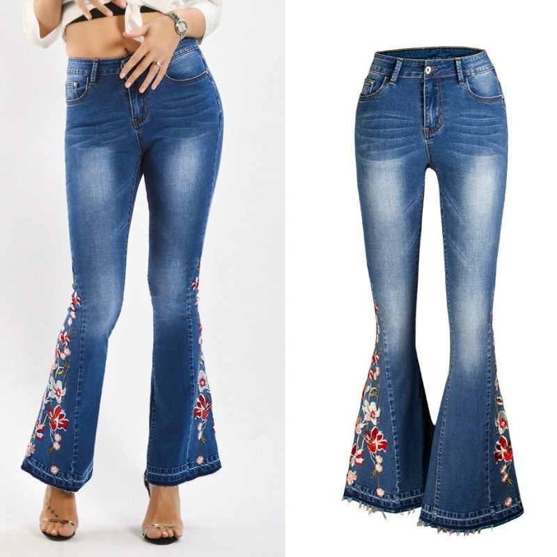 LOGAMI Embroidery Jeans Woman Skinny Flare Pants Denim Ladies Casual Plus Size 4XL 210708